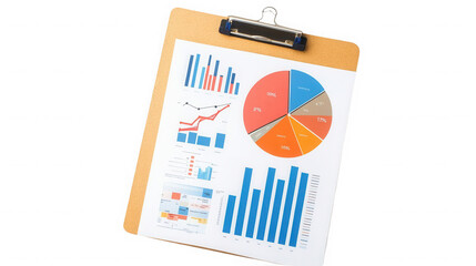Business report showing charts and graphs on a clipboard for data analysis on transparent background