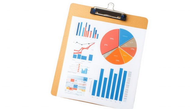 Business report showing charts and graphs on a clipboard for data analysis on transparent background - Powered by Adobe