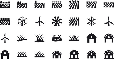 Collection of black farm and agriculture icons including fields barns windmills and crops isolated on transparent background