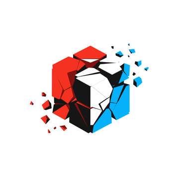 A striking red, white, and blue cube graphically explodes into many fragmented pieces, representing concepts of disruption, transformation, and complex problem-solving.