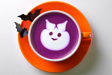 Top view of purple Ube latte in orange cup with Halloween-themed latte art and black paper bats on white background. This Ube latte features a bat halloween ghost design on milk foam. Generated image