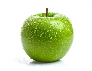 Close-up of a vibrant green apple covered in water droplets against white