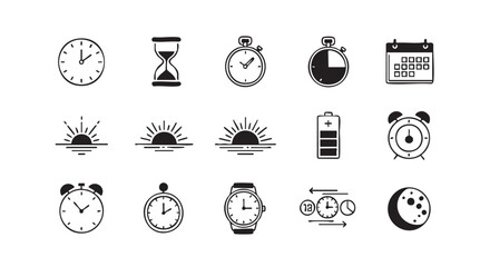 Collection of time related icons depicting clocks hourglass and sunrise symbol