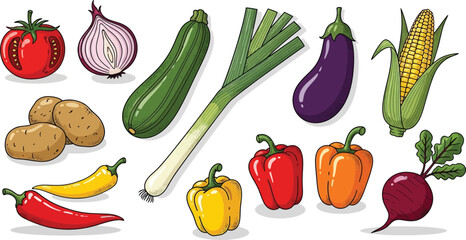 Collection of colorful hand drawn fresh delicious vegetables isolated on white background. Bundle of healthy and tasty vegan products, wholesome vegetarian food. 