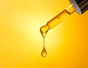 Close-up of pipette dispensing amber liquid against a yellow gradient