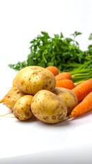 Close-up of raw potatoes, carrots, and green leafy vegetables