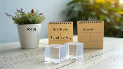 Motivational workspace with gratitude notes, focus plan, and transparent cubes for personal growth and calm reflection