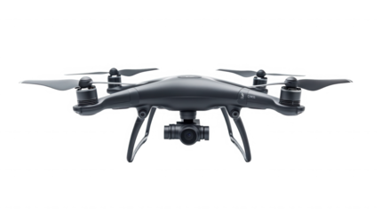 Sleek black drone with camera for aerial photography on transparent background