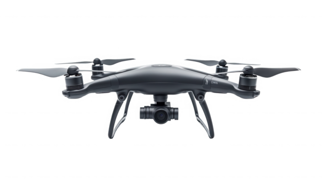 Sleek black drone with camera for aerial photography on transparent background