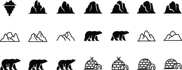 Collection of arctic animal and landscape icons including polar bears igloos and mountains isolated on transparent background © ai HUB