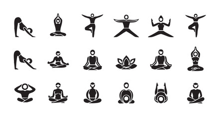 Obraz premium Collection of various yoga poses silhouette icons on white background