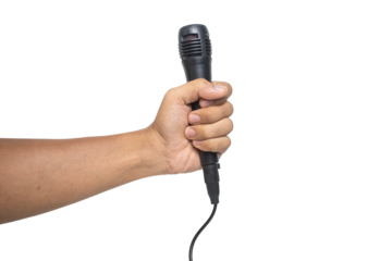 male hand holding black microphone isolated on white background. transparent png