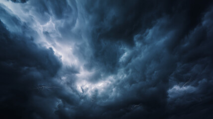 Obraz premium Dark Storm Clouds: Captivating view of towering, dramatic storm clouds, their ominous presence foretelling the arrival of nature's power. Witness the raw, untamed beauty of a moody, turbulent sky. 