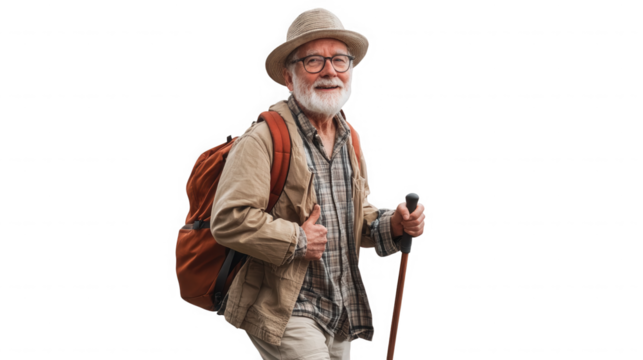 Smiling senior man with backpack gives thumbs up while hiking outdoors alone on transparent background