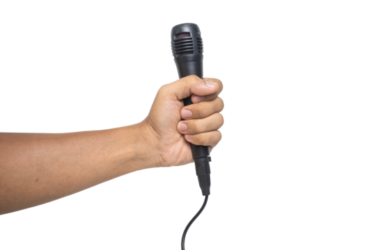 male hand holding black microphone isolated on white background. transparent png