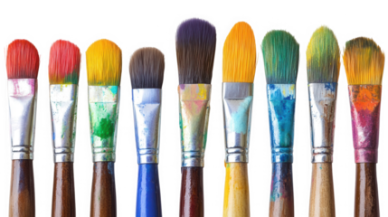 Variety of colorful paintbrushes arranged in a row against a on transparent background