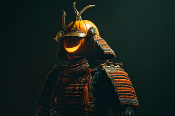 Samurai armor with glowing pumpkin head under dramatic Halloween lighting