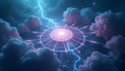 A cosmic scene depicts swirling clouds and a circular pattern of light with lightning. The central glowing circle indicates mysterious energy.