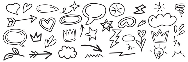 Line marker hand drawn brush arrow element set. Sketch pencil stroke vector graphic pen underline scribble icon. Hand drawn line heart, crown, star symbol highlight marker shape. Vector illustration