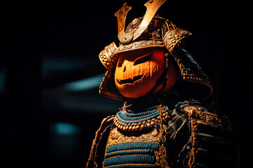 Samurai warrior with carved pumpkin head under dramatic Halloween lighting