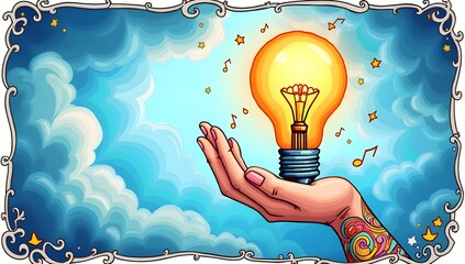 A hand with tattoo art holds a glowing lightbulb against a backdrop of clouds and musical notes. The bright colors create an imaginative and whimsical scene.