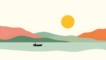A serene illustration depicting a small boat on a calm lake. The backdrop features colorful geometric mountains under a bright sun.