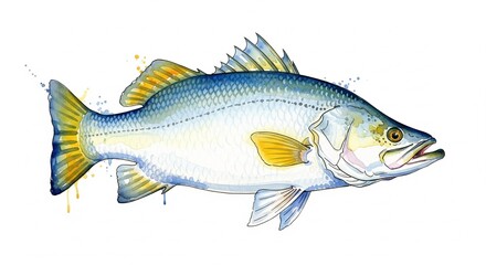 Fototapeta premium Barramundi fish Watercolor style digital painting for graphic design decoration, gifts or print design, animals, fish in water, river, sea, lake life