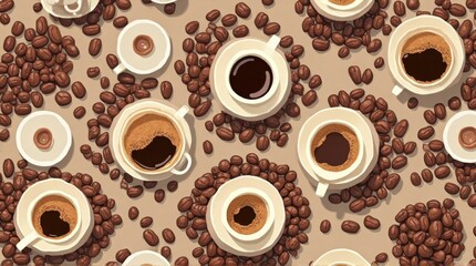 Obraz premium Multiple White Coffee Cups Filled with Black Coffee Surrounded by Coffee Beans on Light Brown Background