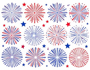 A collection of festive fireworks and stars in patriotic colors