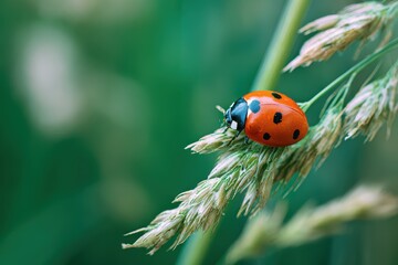 Macro view of a ladybug perched on green grass showcasing its vibrant red body and black spots in a tranquil outdoor setting during daylight hours