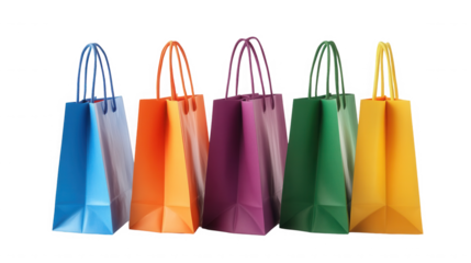 Vibrant array of colorful shopping bags for retail use on transparent background