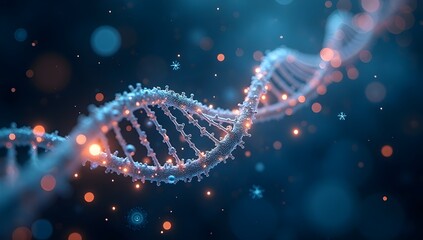 a sparling dna helix on dark blue bokeh background