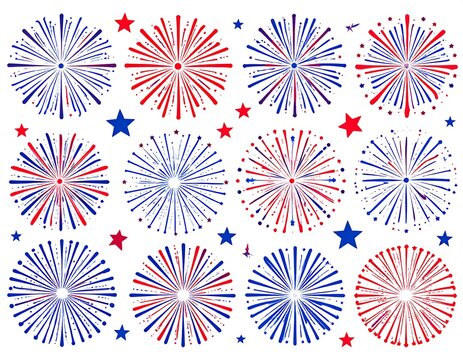 A collection of festive fireworks and stars in patriotic colors