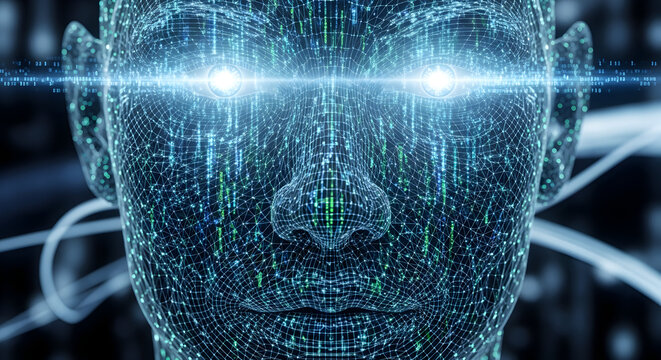 AI Human Face with Glowing Eyes - Digital Data Grid & Futuristic Technology Concept
