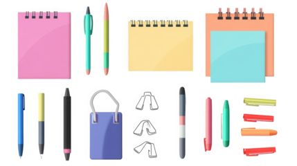 Colorful stationery items including notebooks pens and clips arranged on transparent background