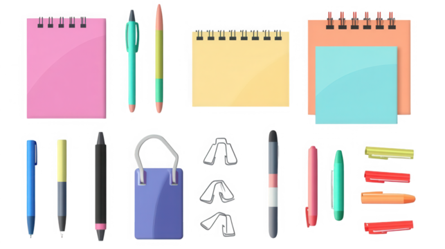 Colorful stationery items including notebooks pens and clips arranged on transparent background