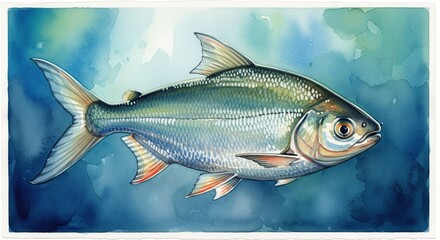 Fototapeta premium Milkfish Watercolor style digital painting for graphic design decoration, gifts or print design, animals, fish in water, river, sea, lake life