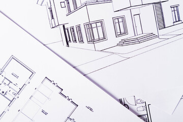 Construction background. House plan on table texture. Working drawings of a house project design..