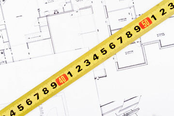 Construction background. House plan on table texture. Working drawings of a house project design..