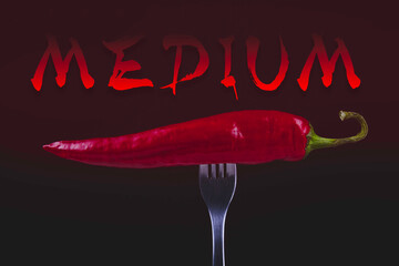 Hot chili peppers on fork. Extra spicy. Mexican food with pepper. Seasonings and spices. Hellish seasoning..