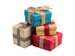 Festive gift boxes stacked with ribbons present celebration, Isolated, Png Transparent Background