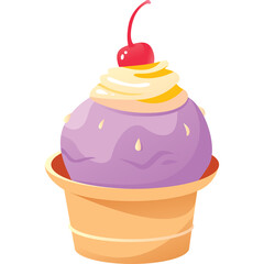 Purple Ice Cream Scoop in Cone Topped with Whipped Cream and Cherry on Transparent Background