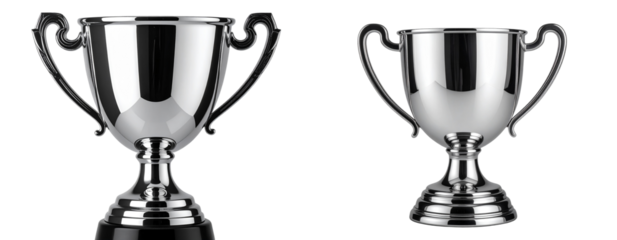 Silver Trophy Cup Tipped on Its Side, Reflective Surface, Transparent Background