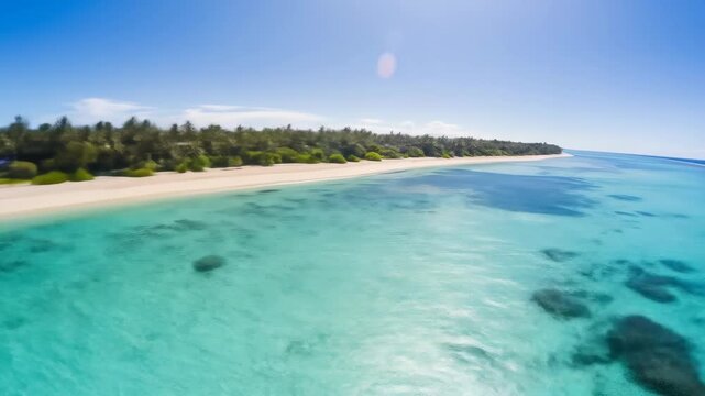 Aerial view of a pristine, white-sand beach meeting a vibrant turquoise ocean under a cloudless blue sky
