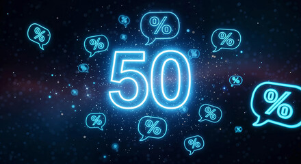 Glowing neon 50 percent discount symbol with percentage icons in speech bubbles against starry background