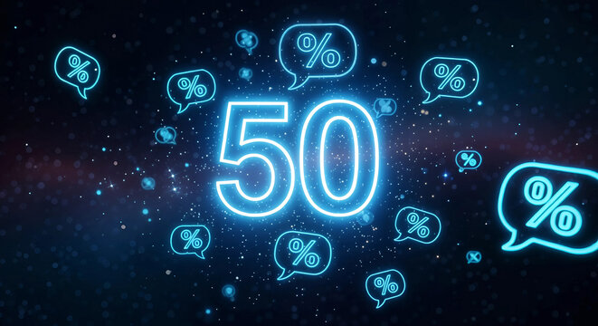 Glowing neon 50 percent discount symbol with percentage icons in speech bubbles against starry background - Powered by Adobe