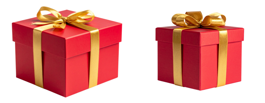 Red Gift Box with Gold Ribbon, Front View, Isolated on Transparent Background