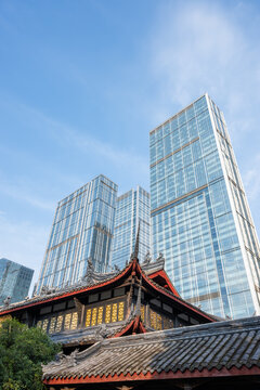 Historic architecture contrasts with modern skyscrapers in Chengdu