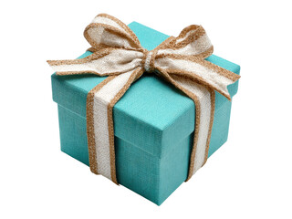 Turquoise box with woven ribbon bow gift present, Isolated, Png Transparent Background