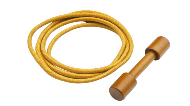Yellow jump rope with wooden handles against a stark on transparent background